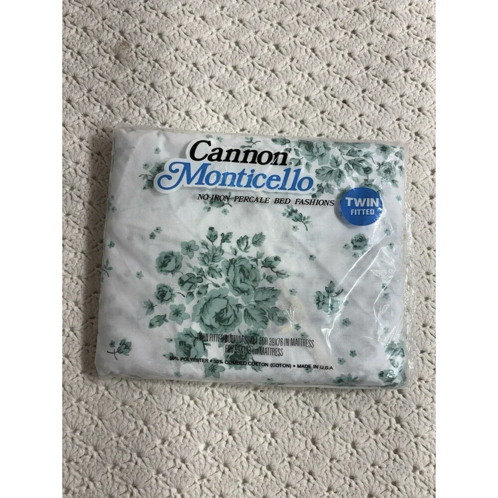 Vintage Cannon Monticello Twin Fitted Sheet 2 Pillowcases White Green Floral USA